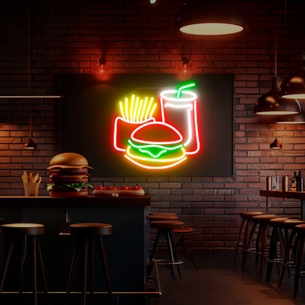 Fries, Burger, and Drink Neon Sign